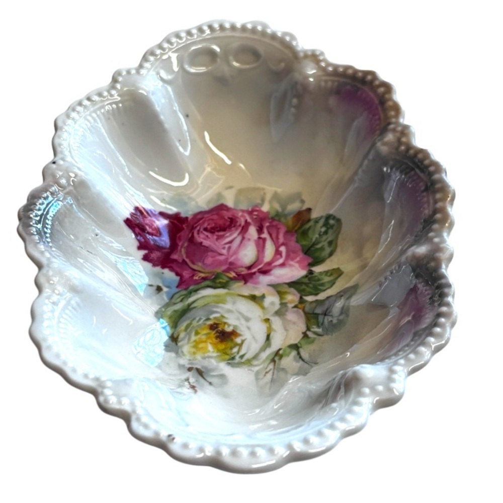 Antique German Oval Porcelain Candy Relish Dish Pink Roses Scalloped Edge